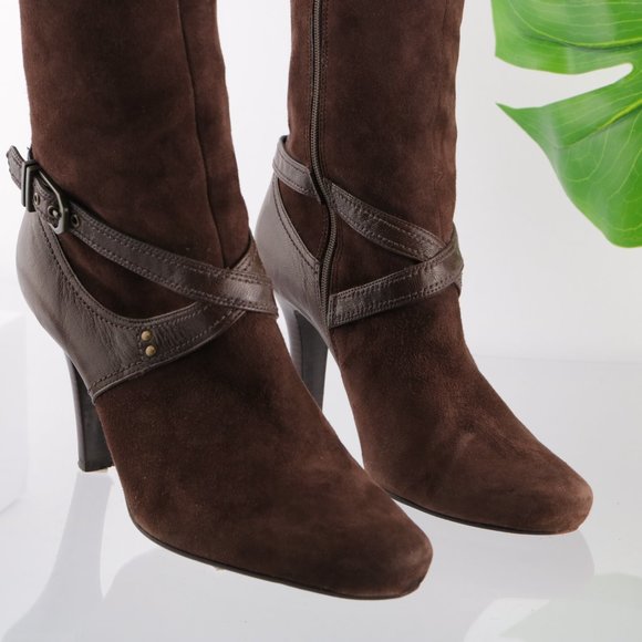 Cole Haan Dress Fashion Bootie Women 8 High Heel Brown Suede Harness Straps Zip - Picture 2 of 14